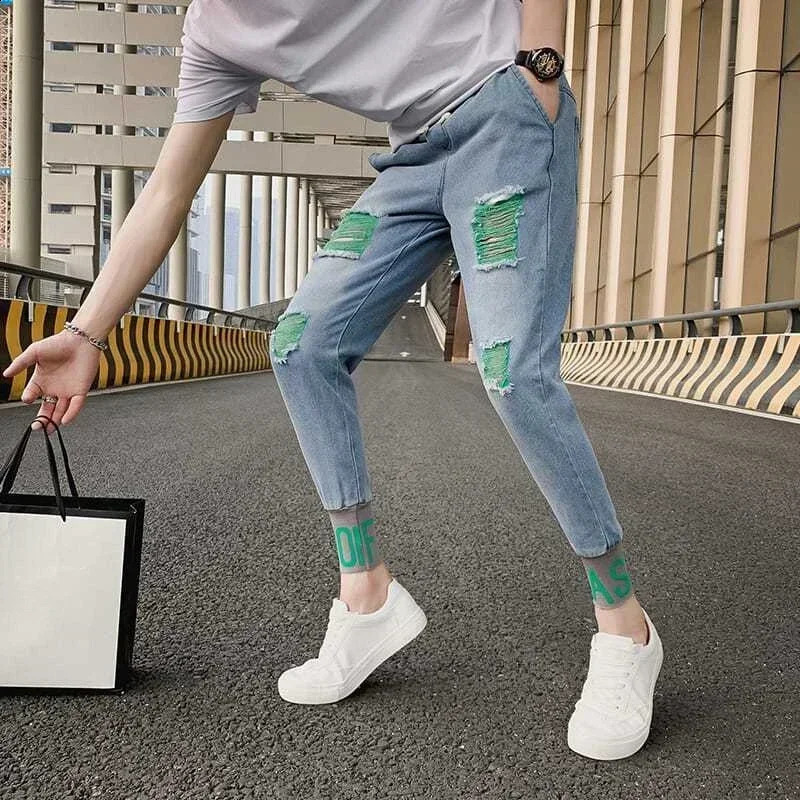 Man Cowboy Pants Skinny Trousers Ripped Mens Jeans with Holes Broken Torn Tight Pipe Slim Fit Cropped in Trend Washed 240821