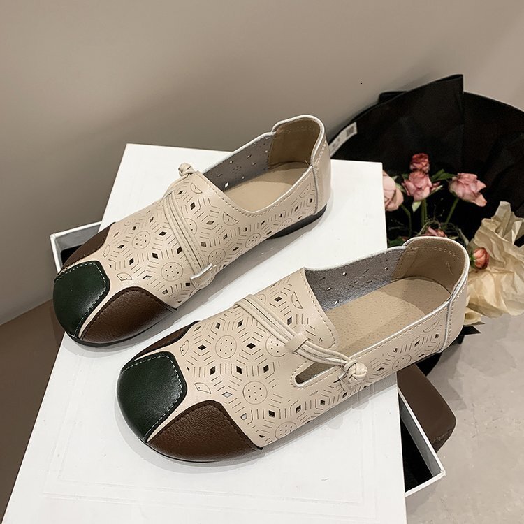 Ddmysports Spring Summer New Ethnic Style Ollow Bean Leather Soft Bottom Casual One Step Comfortable Flat Shoes OUTDOOR