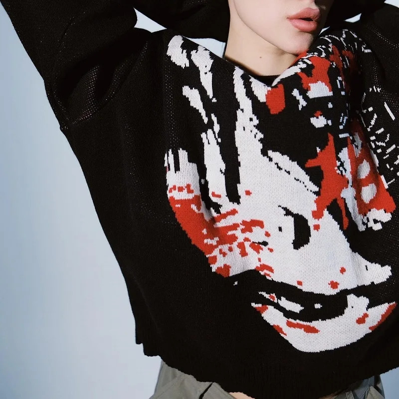 womens Hip Hop Streetwear Harajuku y2k Oversized Sweater Vintage Anime Knitted gothic Sweaters Pullover Unisex pullover top emo 240821