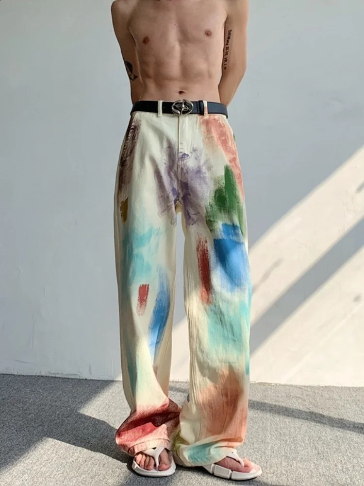 Oldschool hand-painted oil painting jeans with colorful paint style high-end pants trendy floor mops 240821