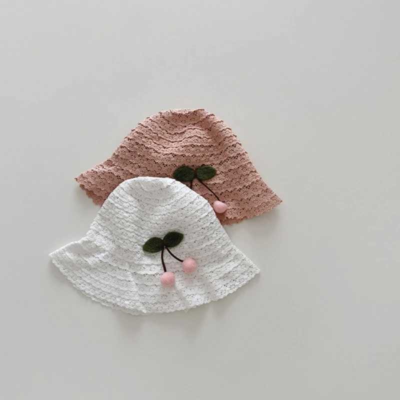 New Spring Summer Plush Cherry Baby Girls Sun Hat Adjustable Lace Hollow Out Baby Beach Bonnet Travel Outdoor Baby Bucket Cap M240821