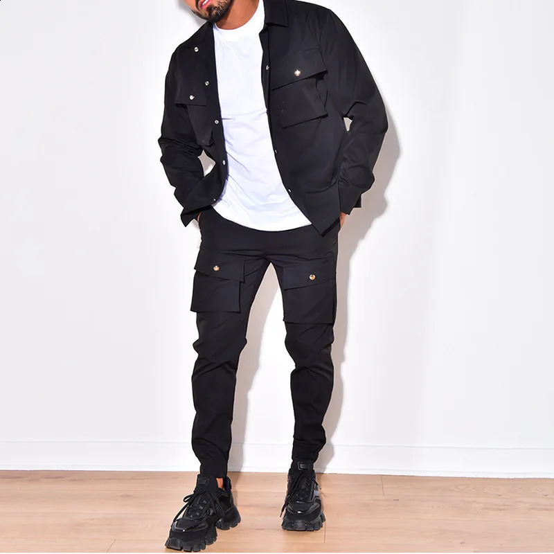 Mens Spring/Summer Casual Sports Multi Pocket Cargo Jacket Trouser Two Piece Set 240827