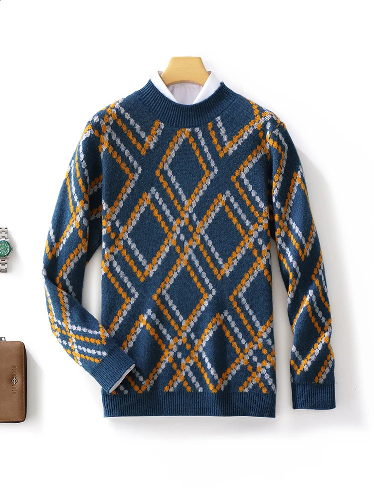 Spring Autumn and Winter Mens Half-High Collar Sweater 100%Wool Irregular Rhombus Pullover Fashion Casual Cashmere Sweater 240821