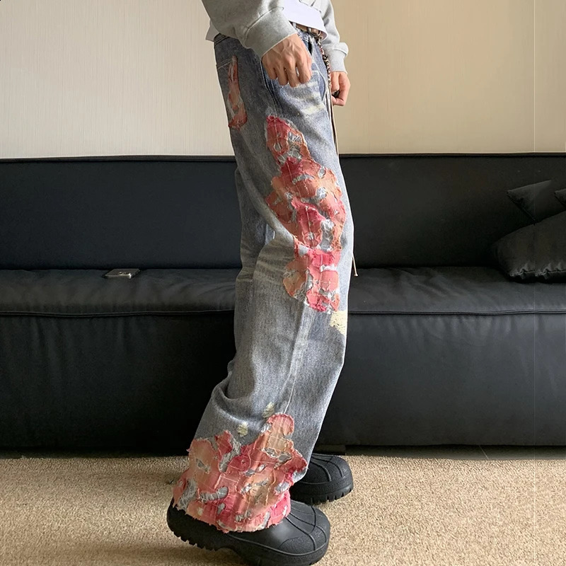 IEFB American Style High Street Denim Jeans Micro Horn Printing Splicing Contrast Color High Street Fashion Male Trousers 240821