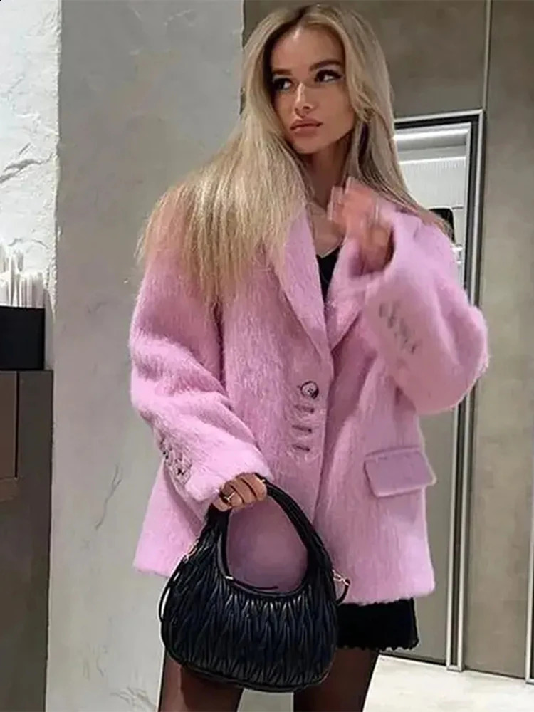 Lapel Mohair Woolen Plush Women Suit Coats Casual Loose Long Sleeve Button Office Blazer Female Winter Elegant Pocket Coats 240820