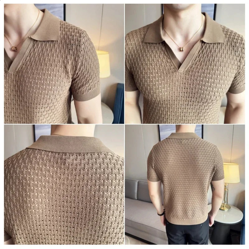 Purple Mens V-neck Polo Shirt Everyday Casual Short-sleeved Top Stylish Mens Hollow Knit Shirt 2024 Sizes M-3XL 240821