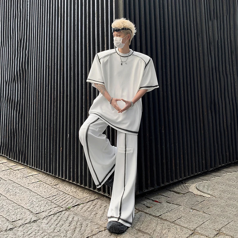 FEWQ Men Sets Line n Painting Shoulder Pad Short Sleeve Contrast Color Wide Leg Pants Korean Fashion Darkwear 24X9169 240821