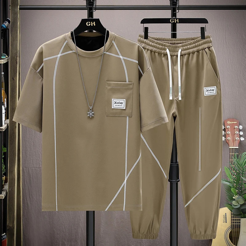 Summer Casual Mens Sets Short Sleeve T-Shirts And Full-Length Pants Two Piece Set Clothing Outwear Tops Tees Tracksuit 240821