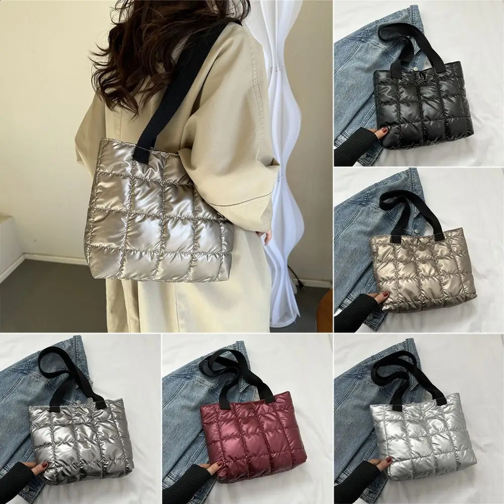 Quilted Shoulder Bags Retro Personality Down Cotton Padded Large Capacity Handbags Solid Color Tote Bags Women 240821