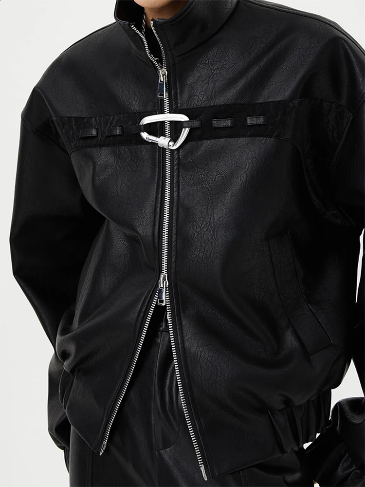 Mauroicardi Spring Autumn Short Black Oversized Shiny Reflective Patent Leather Jacket Men Zip Up er Y2K Clothes Fashion 240809
