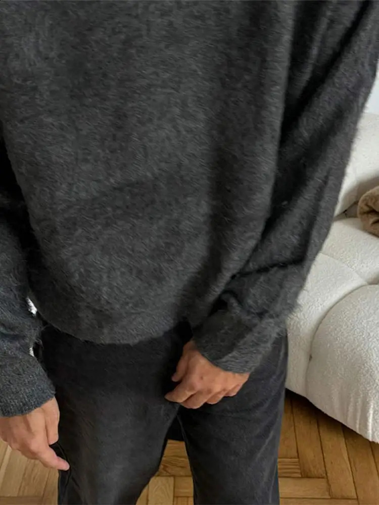 Solid Mohair Sweater Casual O Neck Long Sleeve Mens Knitted Pullover Autumn Chic Plush Cashmere Loose Male Solid Knit Jumpers 240821
