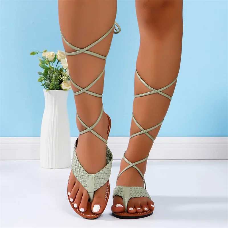 Shoes for Women 2024 Summer Fashion Open Toe FlatSandalsSexySolidColor Lace Up Beach Sandals ForWomen Zapatillas De Mujer CL240806