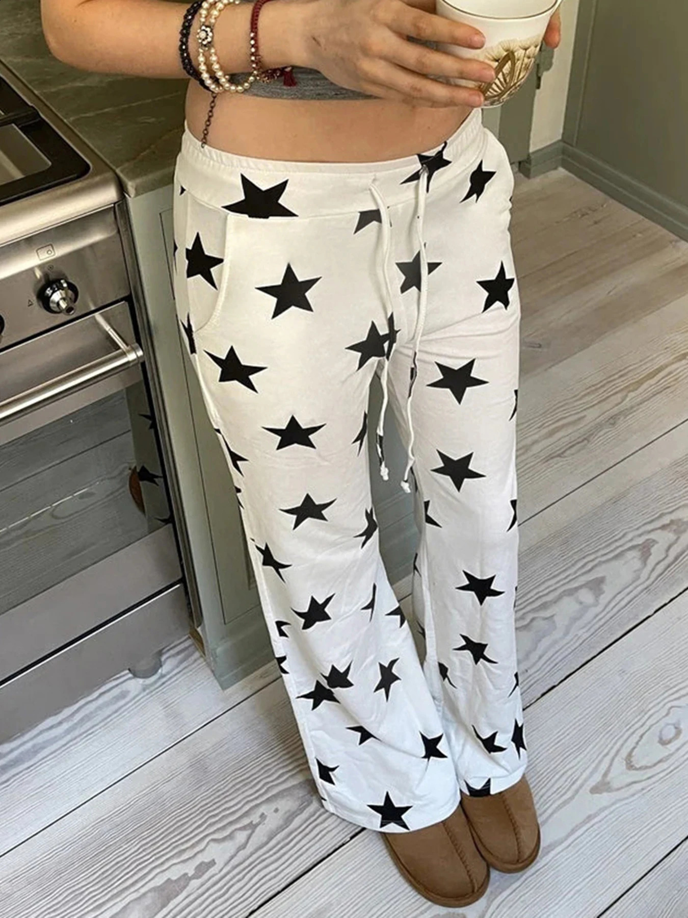 Cuteandpsycho Star Print Y2K Chic Pants Lace Street Clothing Jogger Sports Fashion Korean Harajuku Aesthetics 2000 Trousers 240821