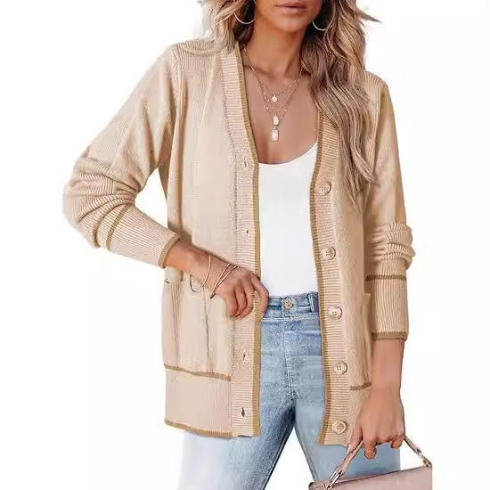 2024 Temu Xiyin Autumn/Winter New Women's Knitted Button Coat Color blocked Sweater Pocket cardigan