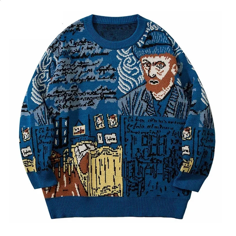 High Street Knitted Sweater Men Van Gogh Graffiti Print Sweaters Cotton Harajuku Loose Padded Pullover Women Streetwear Autumn 240821