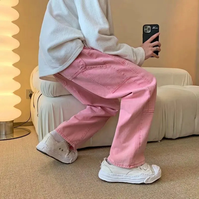 Fashion Pink Baggy Men Cargo Jeans Pants Elegant Straight Casual Women Solid Long Trousers Y2K Clothes Pantalon Homme 240821
