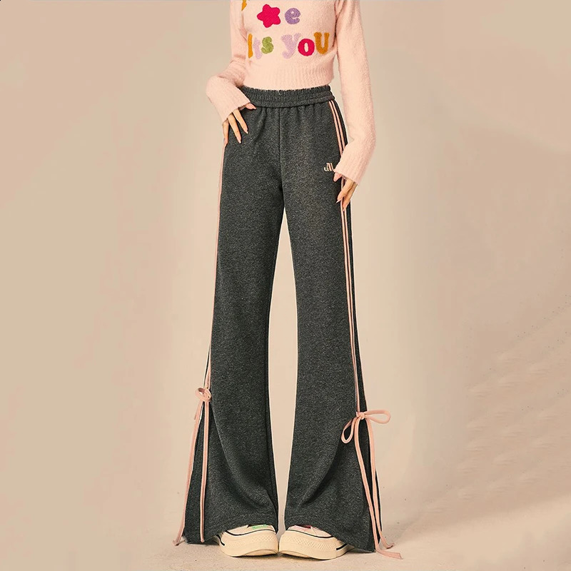 Gidyq Women Bow Casual Pants Fashion Korean Streetwear Stripe Loose Wide Leg Spring All Match Female Straight Trousers 240821