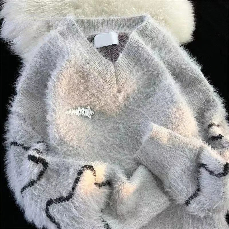 Y2K Fashion Detachable Star Sweater Street Trend For Men And Women Harajuku Lazy Wind V-neck Casual Loose Pullover Sweater 240821