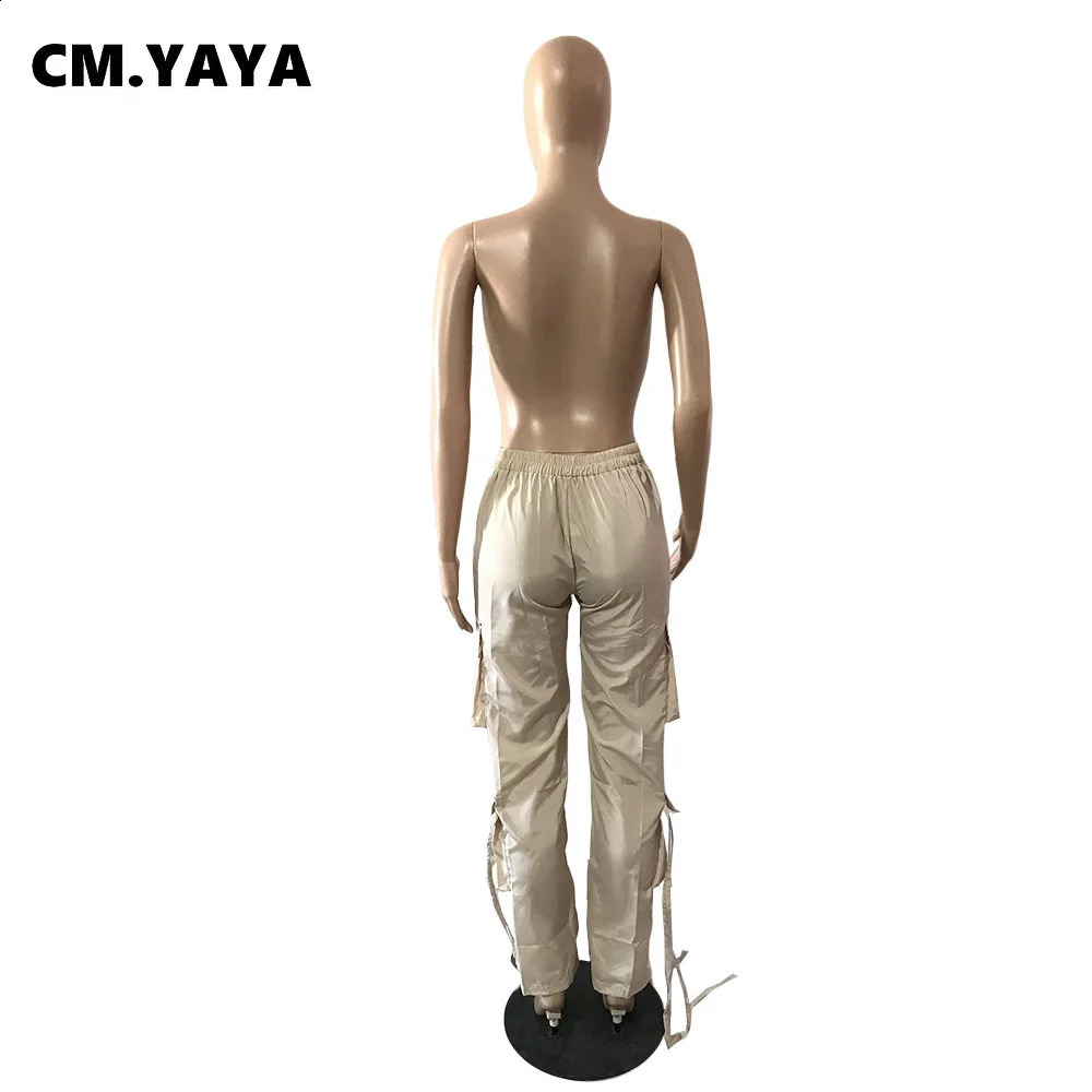 CM.YAYA Women Fashion Pocket Side Straight Wide Leg Safari Style Pants 2024 Summer Lace Up Streetwear Cargo Trousers 240820