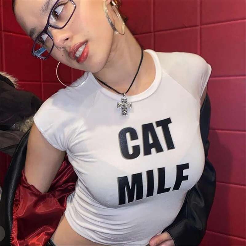 Gothic E-girl Grunge Crop Tops Women Kawaii CAT MILF letter Print Short Sleeve t-shirt Summer Women's clohtes streetwear Emo 's