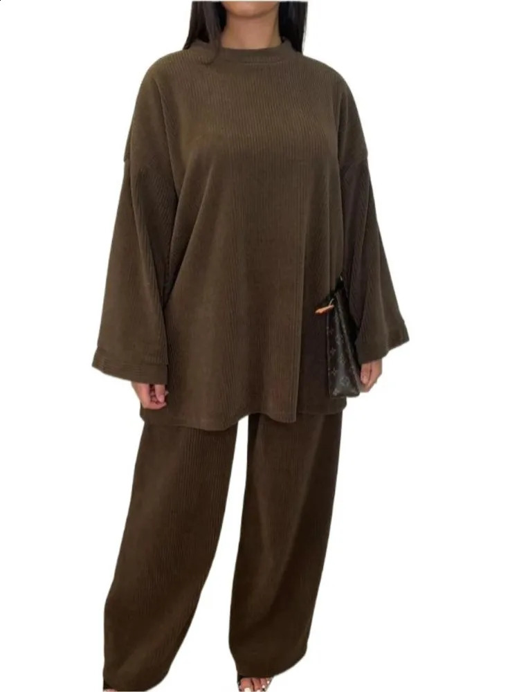 Autumn Winter Solid Color Corduroy Pants Sets Women Loose Long Sleeve Wide Legs Trousers Two Piece Set Female Commuting Clothing 240820