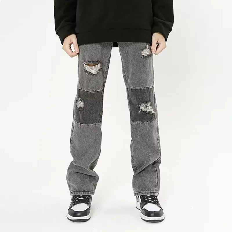 Trendy Loose-fit Straight-leg Mens Jeans Autumn Korean Style Casual Trousers Wide-leg Printing Pants For Stylish Men 240821