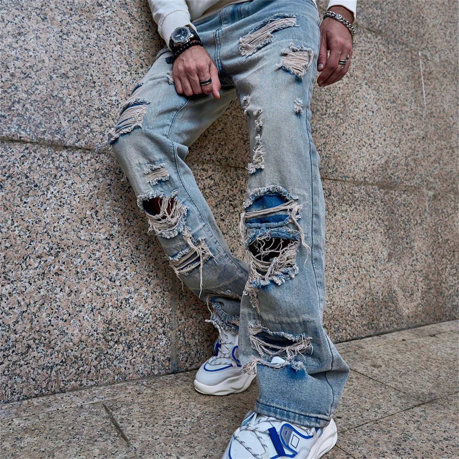 Tassel Mens Jeans Fashion Holes Ripped Spring Streetwear Thin Slim Fit Straight Denim Casual Pant Stretchy Male Jean 240821
