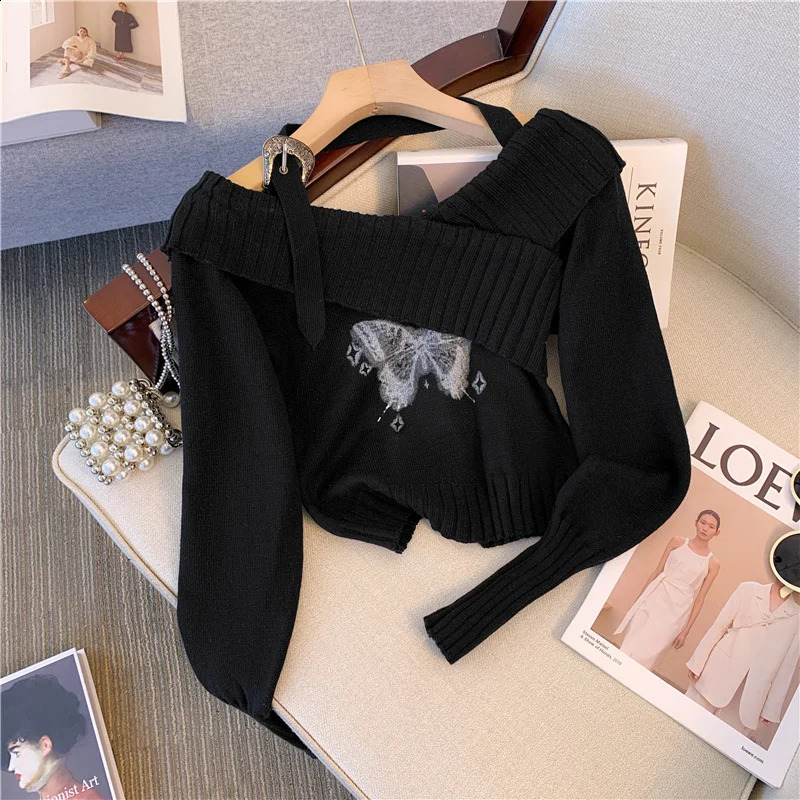 Y2k Aesthetic Butterfly Printed Top for Women Retro Casual Knitted Pulled Diagonal Collar Pendant Jumper Harajuku Grunge Sweater 90s 240821