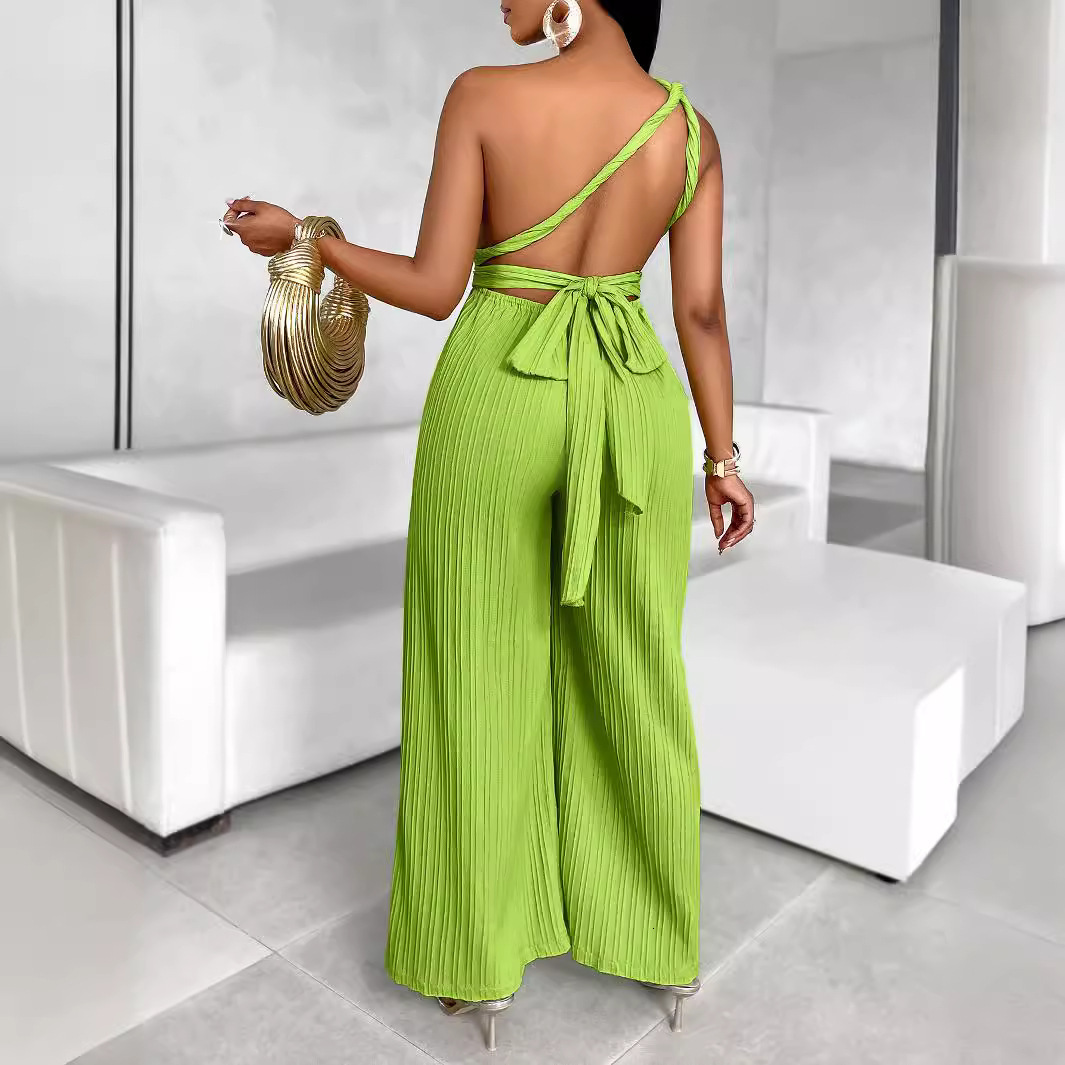 Summer Style Solid Color Slant Collar Waist Jumpsuit Casual New Product
