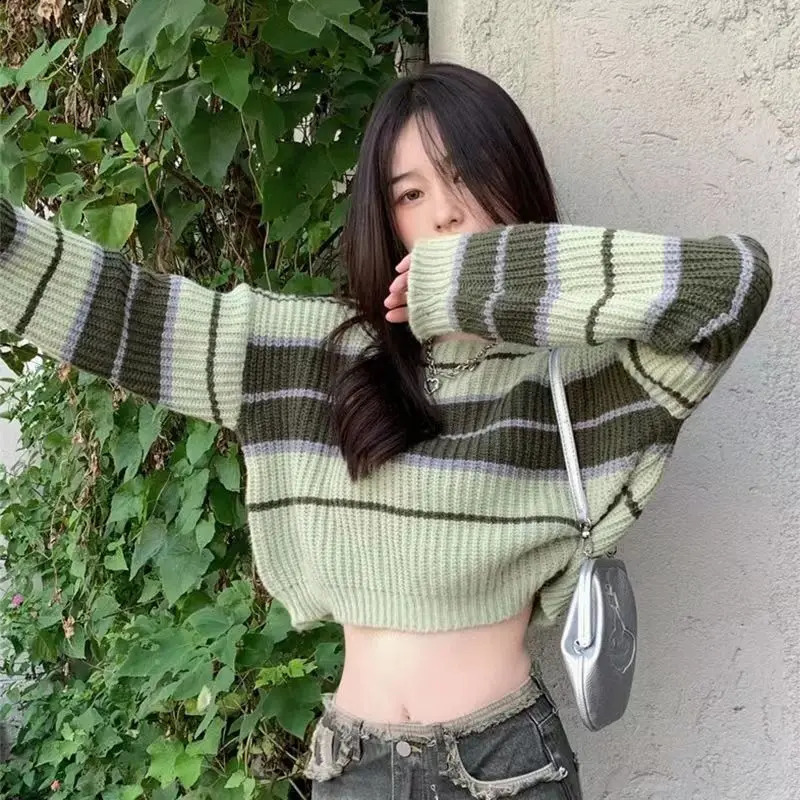 Womens trendy contrasting color striped chic sexy crop top Y2K womens Oneck long sleeved ultrathin floral knit sweater 240821