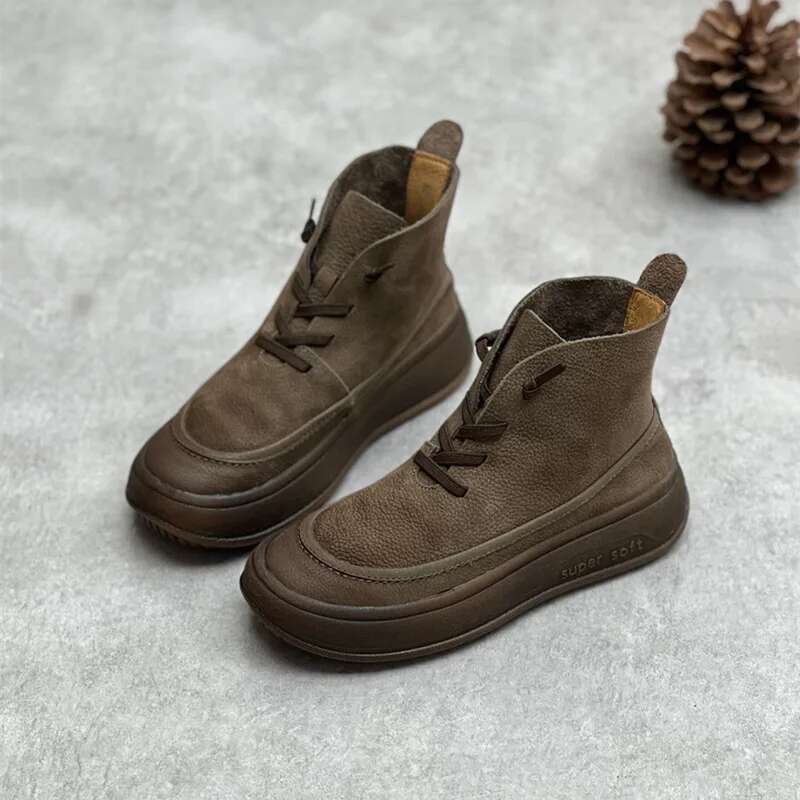 Platform Frosted Cow Vintage Women Leather Women's Shoes Thick Bottom Brown Ankle Boots Plush Warm Snow Boots