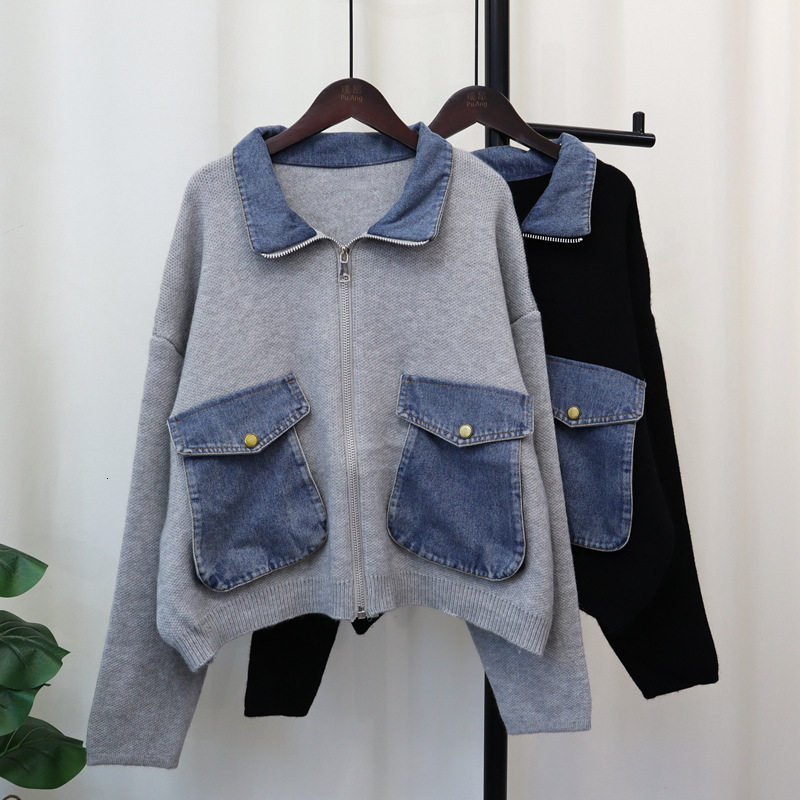 Cowboy patchwork knitted cardigan 2024 autumn winter new item, with collar design and a zipper sweater jacket for women's fashion