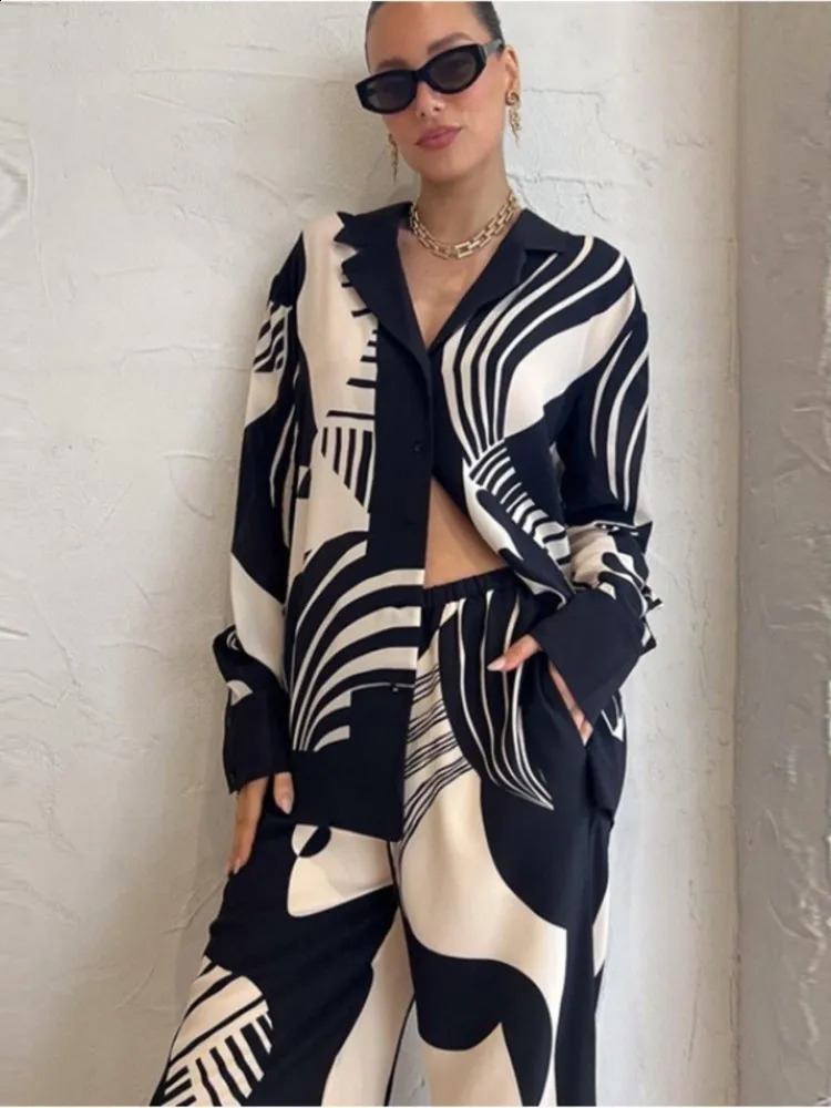 Long Pant Sets Autumn Long Sleeve Shirt Loose Print Casual 2 Piece Sets Women Outfit Ladies Two Piece Set For Women Office 240820