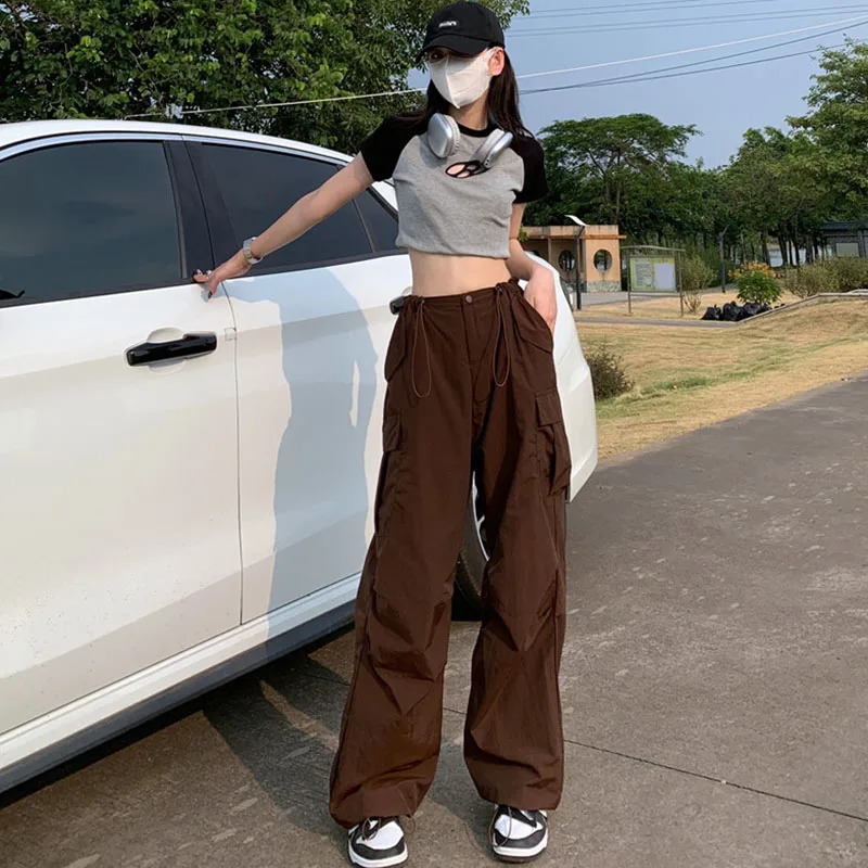 Y2K Brown Drawstring Cargo Pants Women Vintage Hip Hop Streetwear Baggy Pocket Wide Leg Trousers Summer Casual Straight 240821
