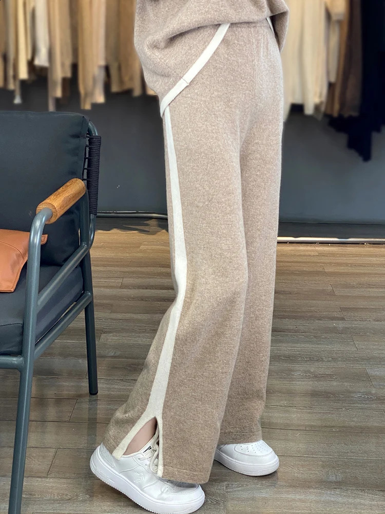 Autumn Winter Hoodie 100% Wool Knit Suits Womens Hooded Knitted Pullover Loose Wide Leg Trousers Fashion High-Grade Suits 240820