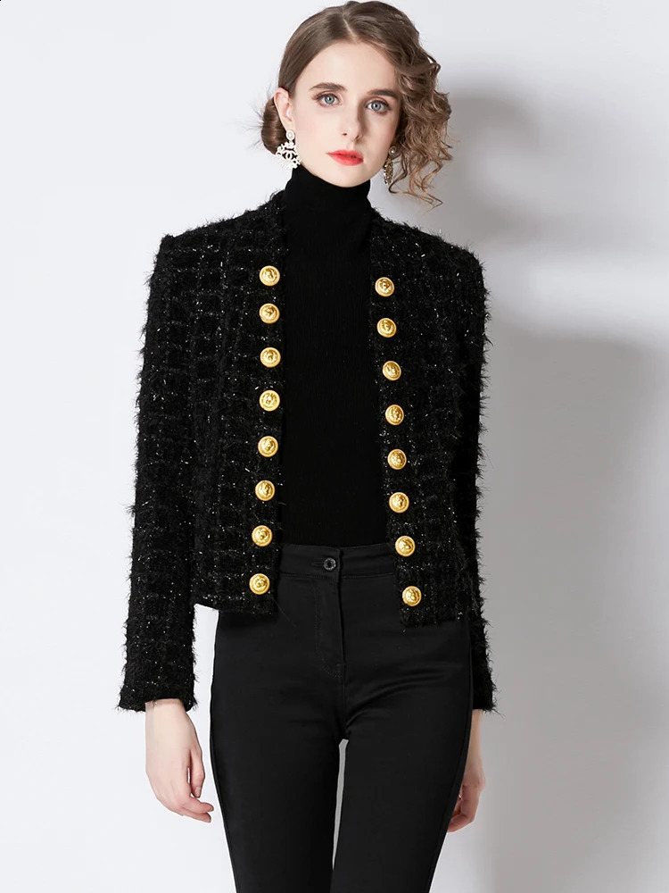 Banulin High Street est Stylish Runway er Long Sleeve Jacket Womens Metal Double Breasted Tassel Tweed Overcoat 240821