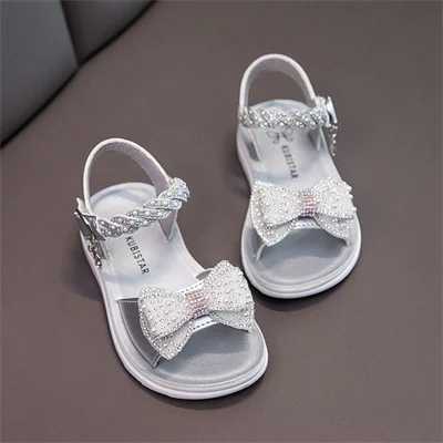 Pearl Diamond Bow Button Girls Silver/Pink Open Toe Sandals Summer Outdoor PU Fashion Sandals for Girls Sizes 26-37 W240821
