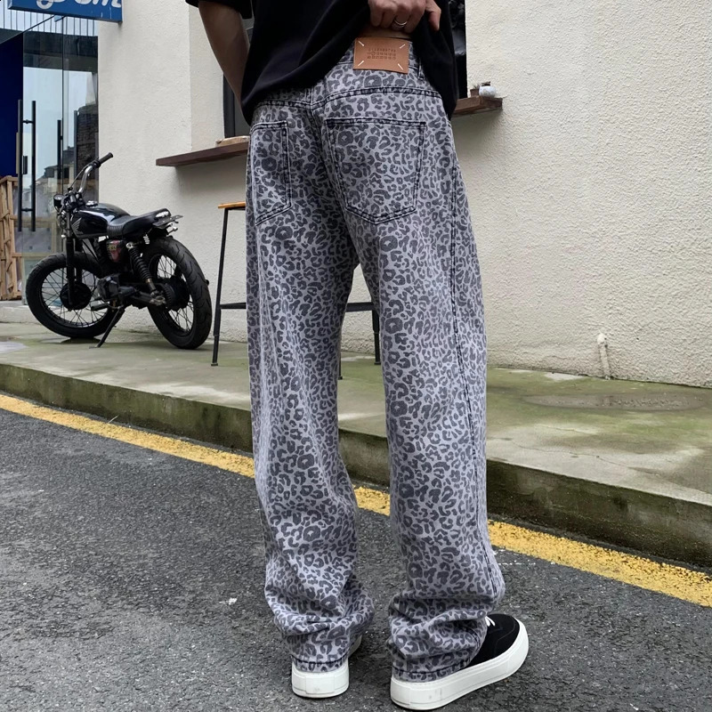est Leopard Printed Jeans For Men Casual Straight Long Pants Light Washed Baggy Trousers Male 240821
