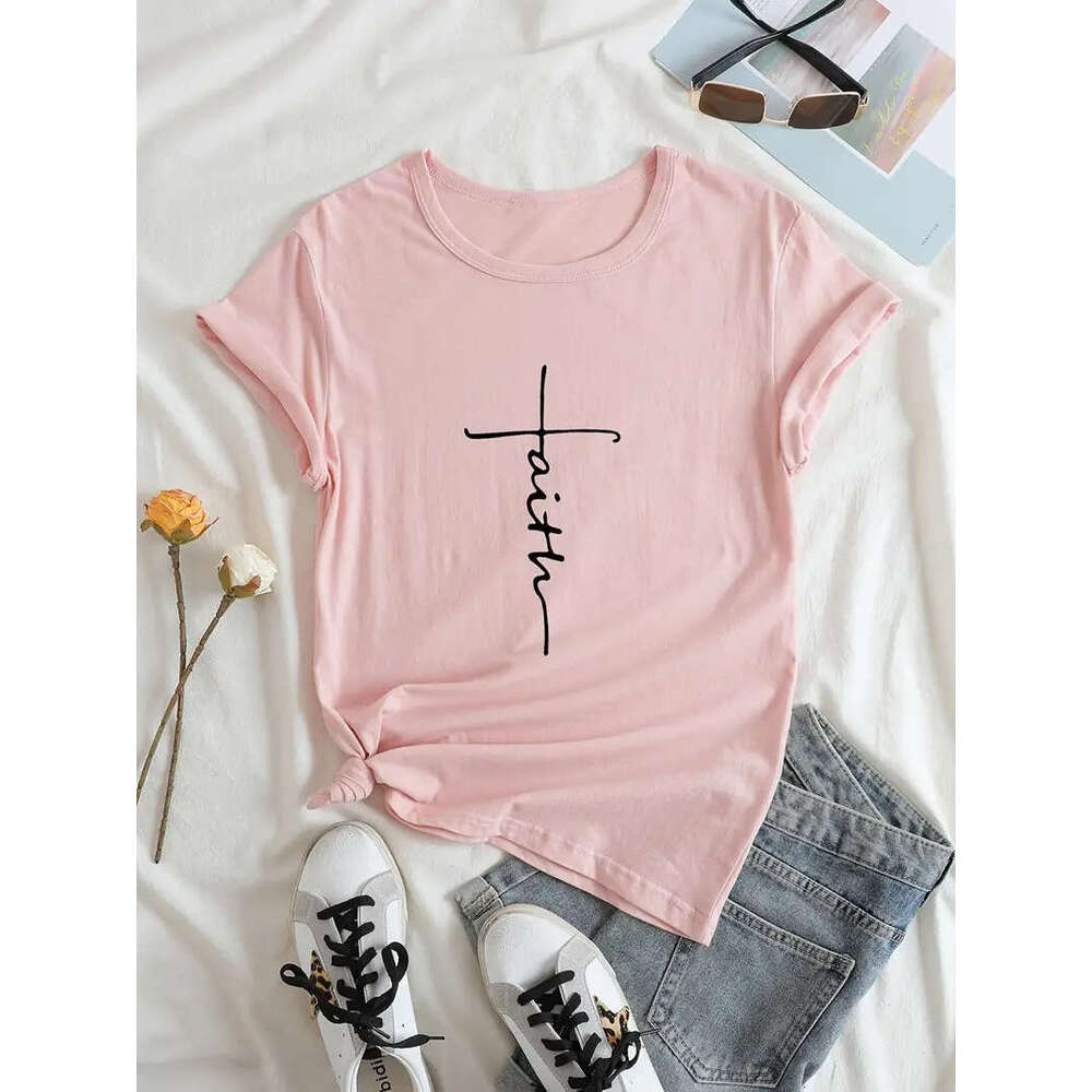 Cross Faith T-shirt Religion Print Women Aesthetic Clothes Devout Believer Tops Basic White Short Sleeve Summer Tee Shirt