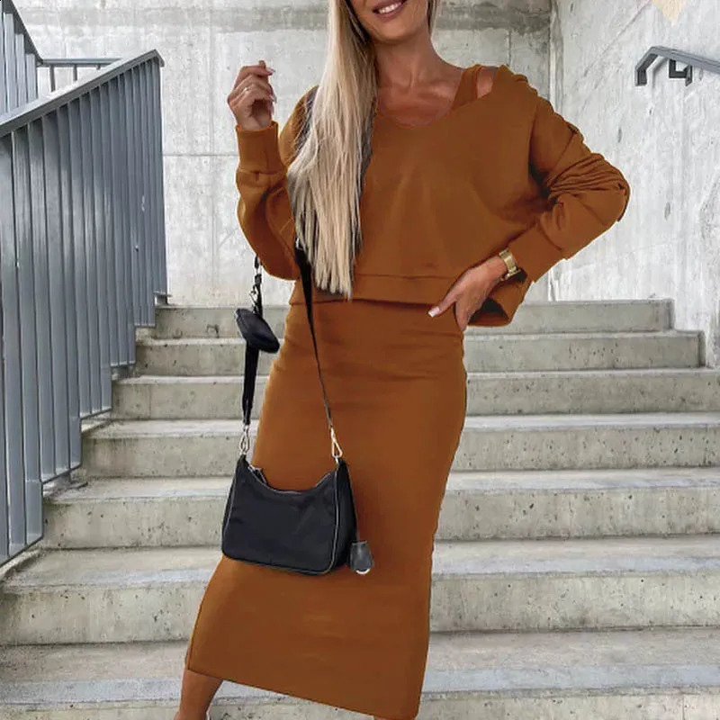 Fashion two piece Set Dress Womens Autumn Sexy V neck Long sleeve pullover top and skirts Two Piece Set dress 240820