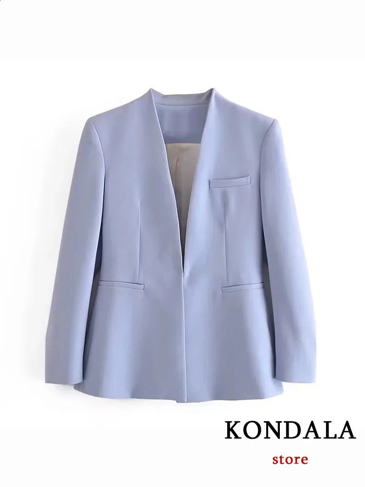 KONDALA Office Lady Light Blue Blazer Suits Women 2 Pieces V Neck Loose JacketsHigh Waist Sashes Pants Fashion Autumn Sets 240809