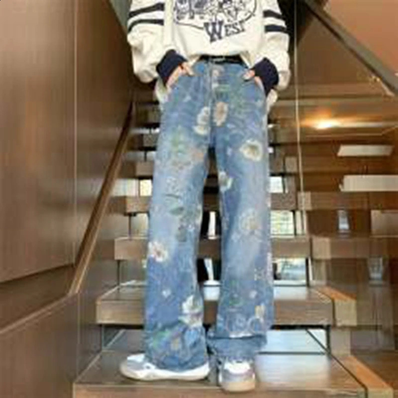 American Jeans Men y2k Fashion Flower print Oversized Wide Leg Jeans Men Streetwear Hip-hop Loose Straight Denim Pants Mens Trou 240821