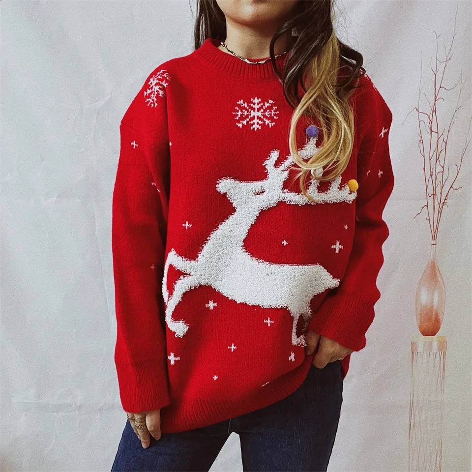OMCHION Sueter Feminino Korean Style Women Christmas Sweater Casual Loose Pullover Red Fashion Warm Knitted Tops 240821
