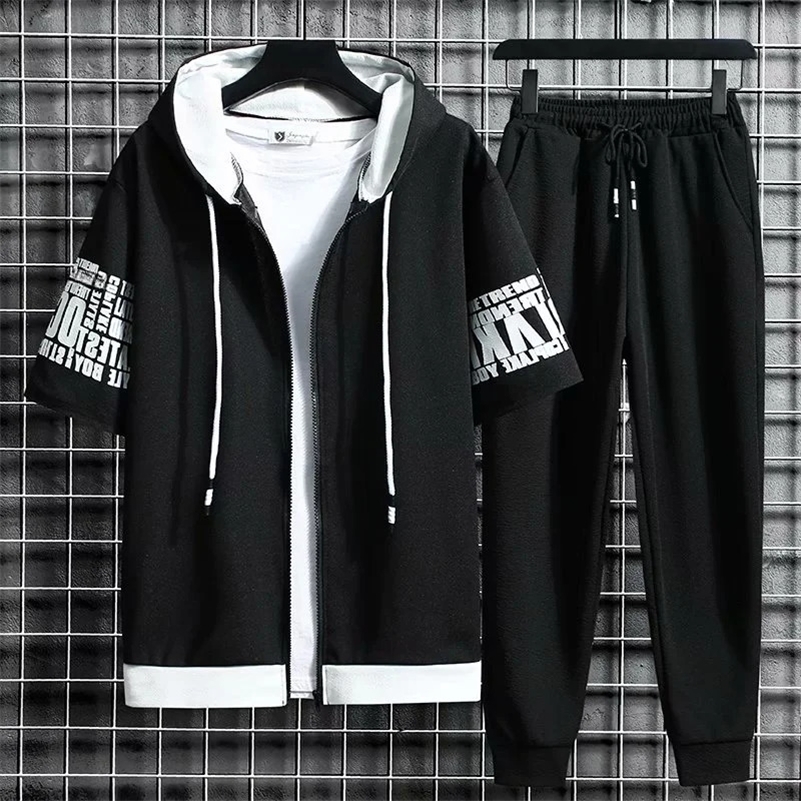 Set for Men Summer Mens Sports Suit 2-piece Print T-shirt Casual Hooded Quick Dry Running Long Pant Clothes Short Sleeve Shorts 240821