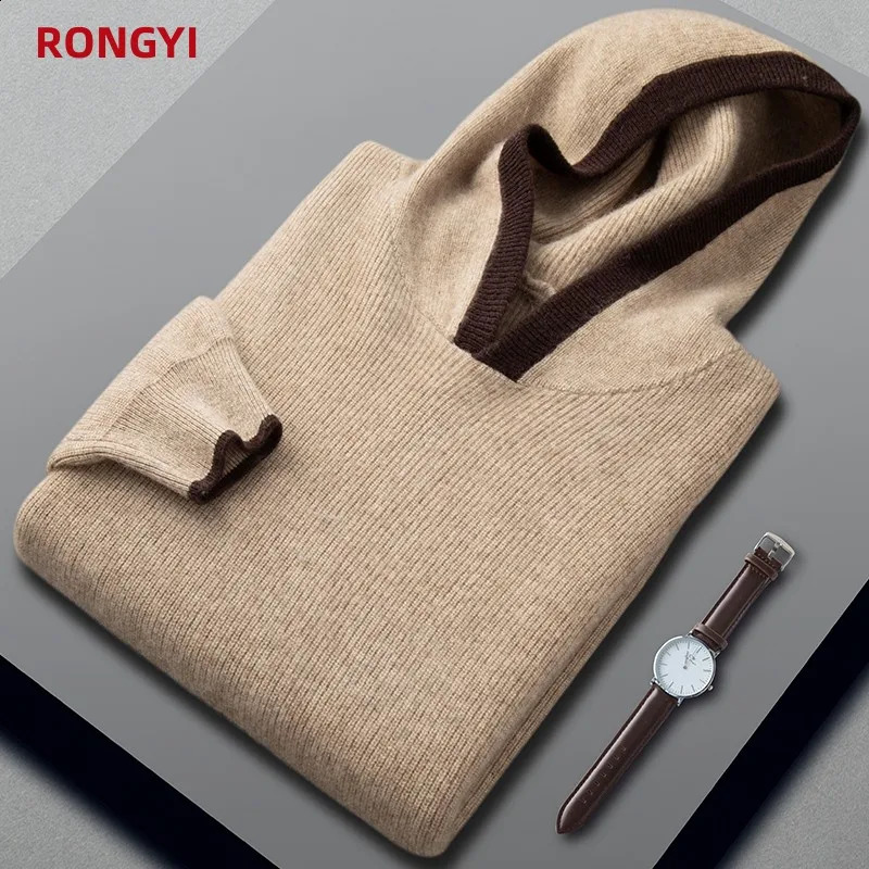 RONGYI 100% Pure Goat Cashmere Mens Sweater Pullover Autumn And Winter Thickened Keep Warm Casual Hooded Knitted Loose Top 240821