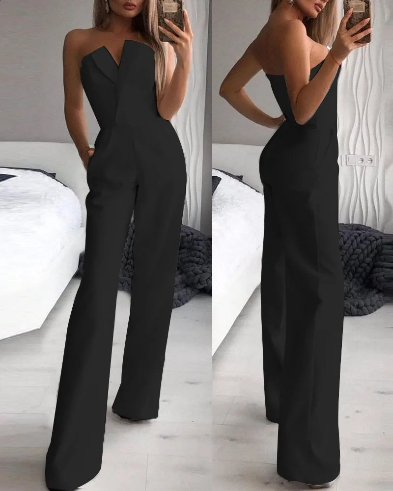 Summer Long Rompers Women Jumpsuit Elegant Strapless Summer Sleeveless Wide Leg Club Party Outfits Work 2024 White Overalls 240820