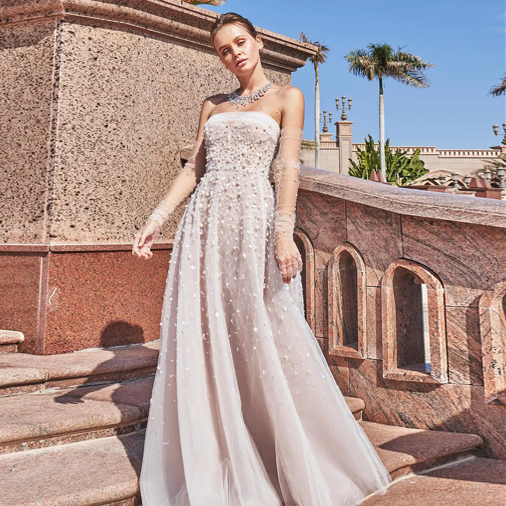 A Line Wedding Dress 2024 Side Slit Vestido De Noiva Satin Appliqued Women V Neck Bridal Gown Bridal Party Gowns Custom Made 01