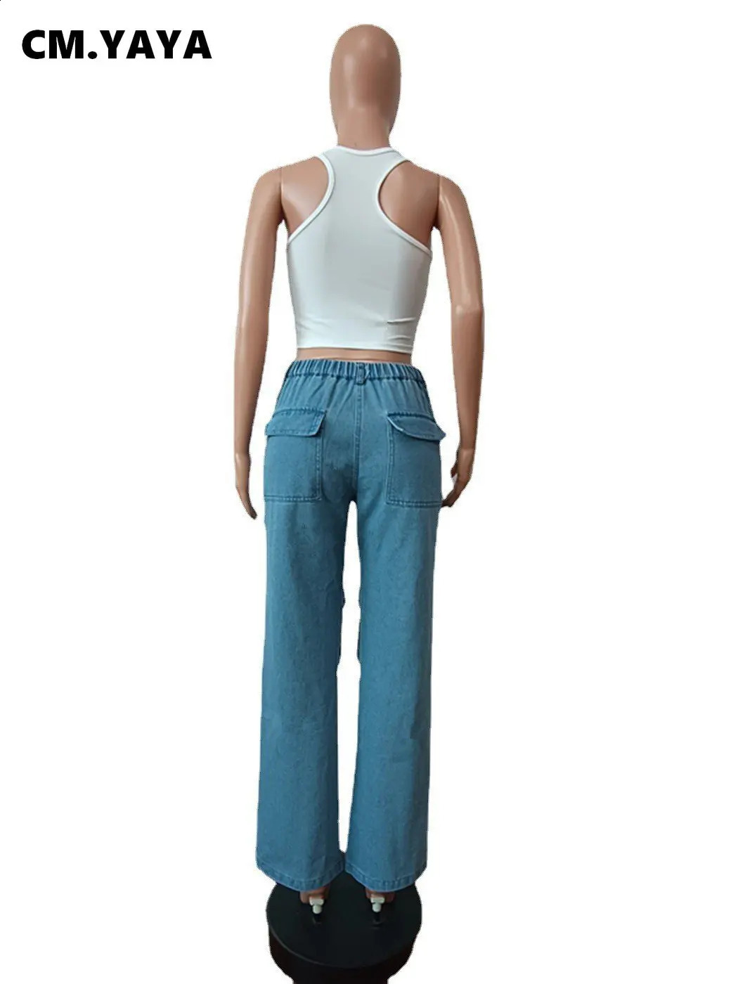 CM.YAYA Fashion Women Dripped Hollow Out Pocket Front Zipper Fly Straight Jeans Pants Steet Safari Style Denim Trousers 240821