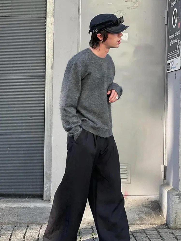 Solid Mohair Sweater Casual O Neck Long Sleeve Mens Knitted Pullover Autumn Chic Plush Cashmere Loose Male Solid Knit Jumpers 240821