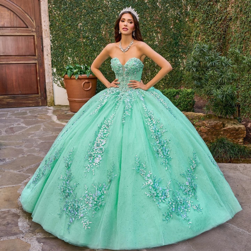 Mexican 2024 Green Shiny Quinceanera Dress Sweet 16 15 Ball Gowns Appliques Lace Beads Tulle With Cape Formal Vestidos De XV Anos